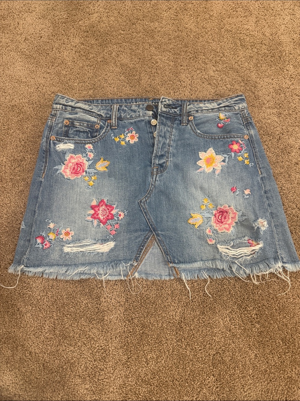 American Eagle Outfitters Embroidered Light Blue Denim Mini Skirt